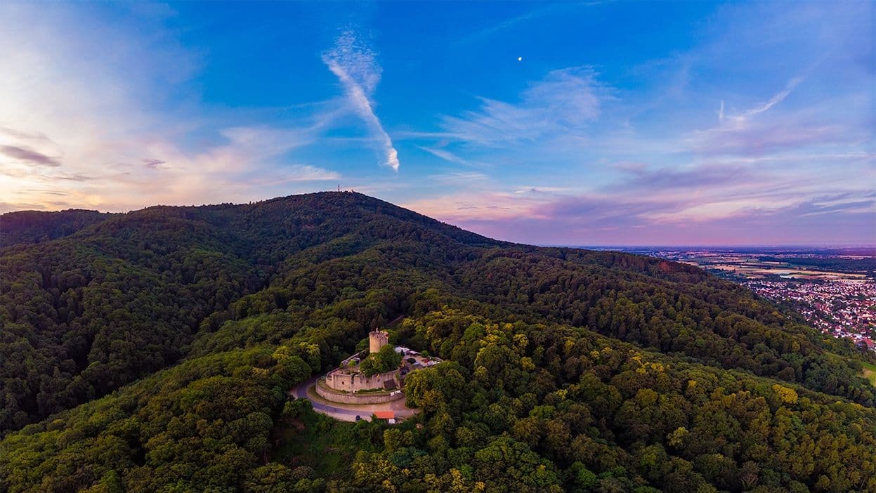 Alsbach Castle in soft morning light, surrounded by forested hills and overlooking the Rhine plain in Hesse, Germany
