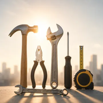 A hammer, pliers, two wrenches, a screwdriver and a tape measure arranged on a work surface in warm backlight. Obrázek vygenerovaný umělou inteligencí