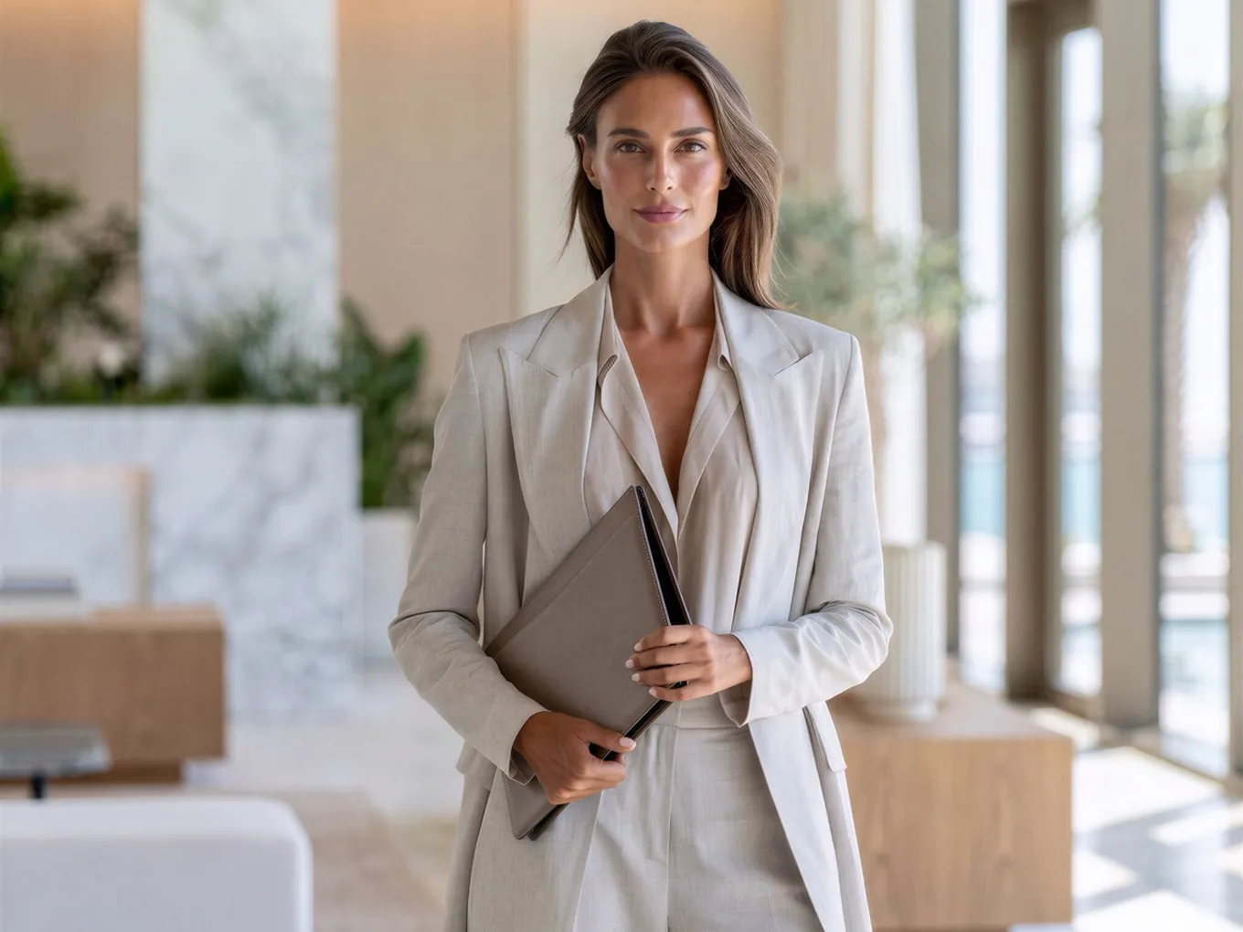 Professional woman in a light beige suit holding a folder, standing in a bright, modern lobby with plants and tall windows. AI-generated image