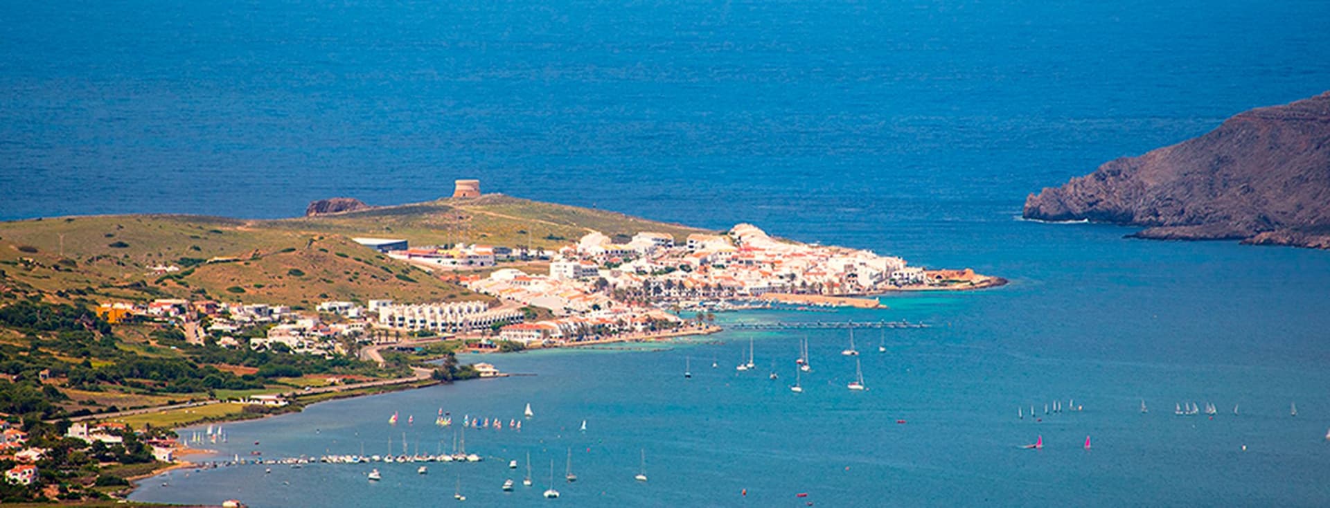Bird's eye view of the fishing village of Fornells