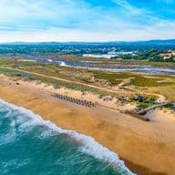 Aerial view of a vast sandy beach with gentle waves, bordered by dunes and greenery, under a clear blue sky.