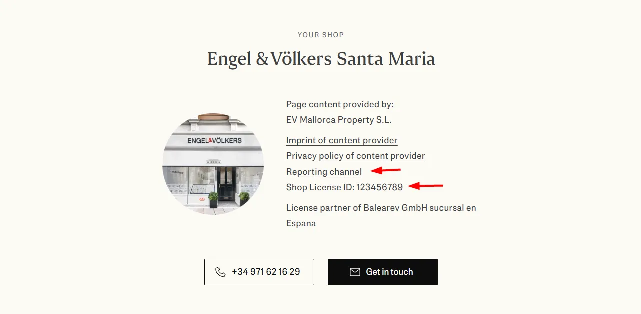 Company contact information for Engel & Völkers Santa Maria with a phone number and license ID displayed.
