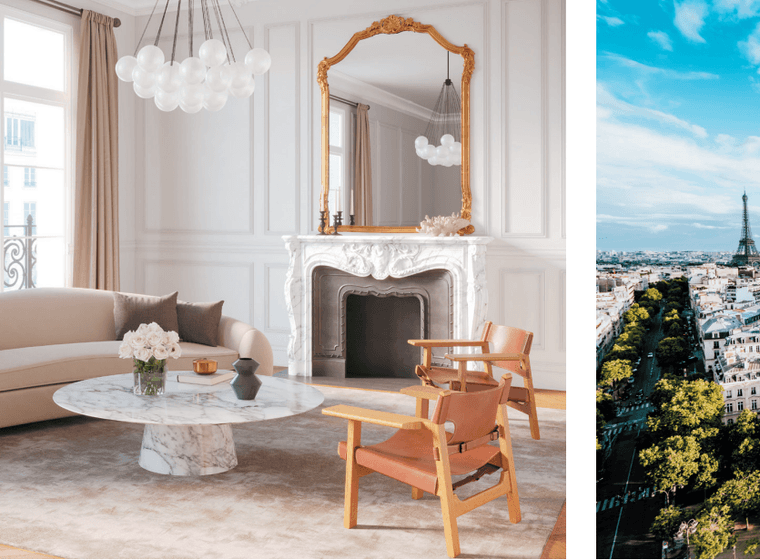 Elegant living room with modern decor and a Paris cityscape featuring the Eiffel Tower; combines luxury interior with stunning exterior view.