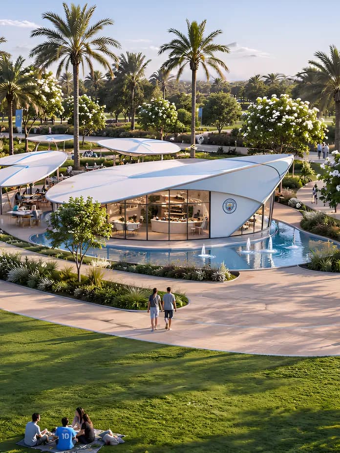 A modern circular pavilion with a white roof sits over a shallow pool in a palm-lined park, with walkers and groups on the lawn. KI-generiertes Bild