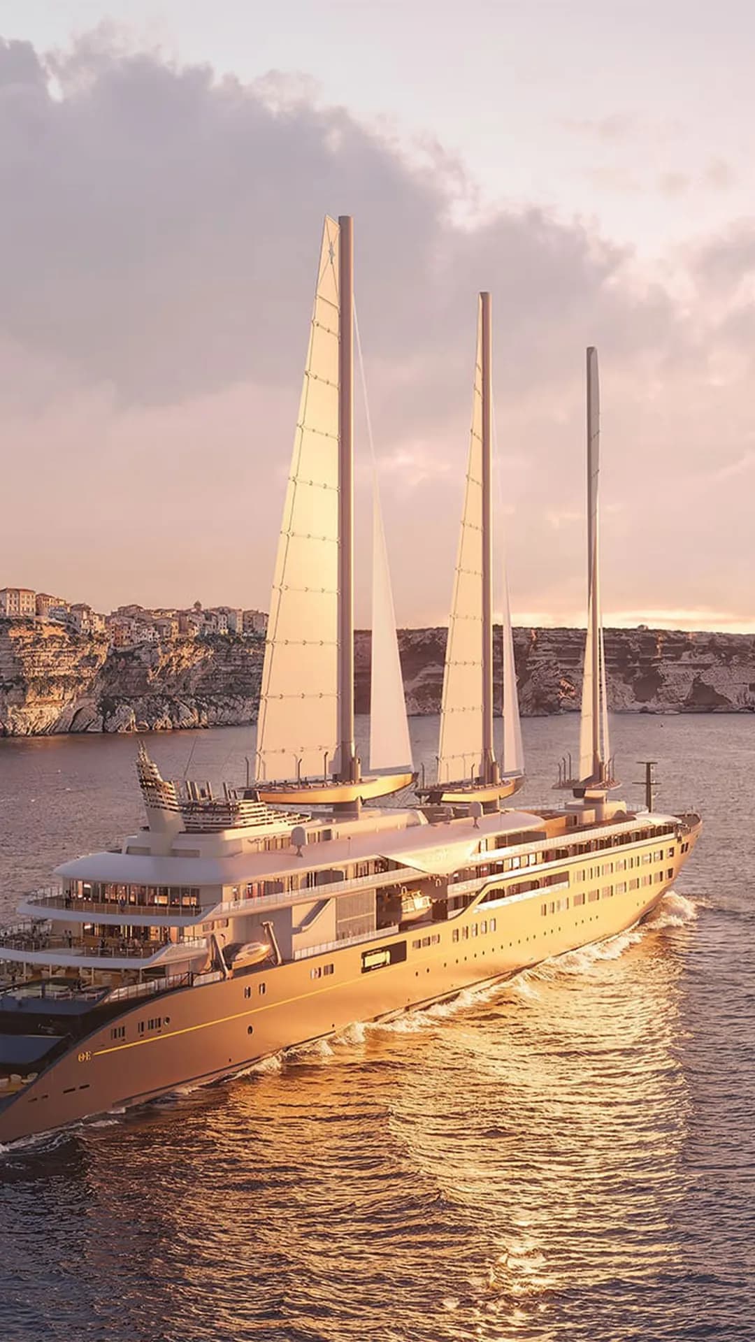 Large luxury sailing yacht with three tall masts sails past a rocky coastline at sunset, bathed in warm light.