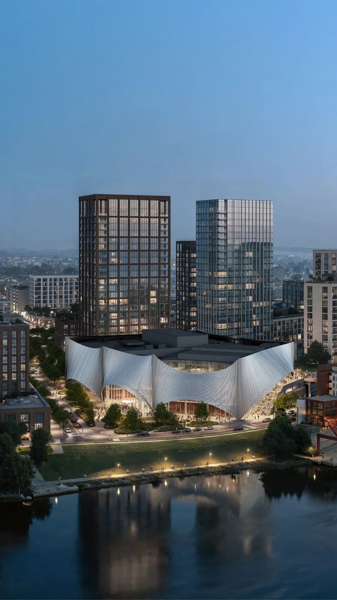 City skyline with two glass high-rise buildings and a wavy white pavilion along the riverfront plaza. AI-generated image