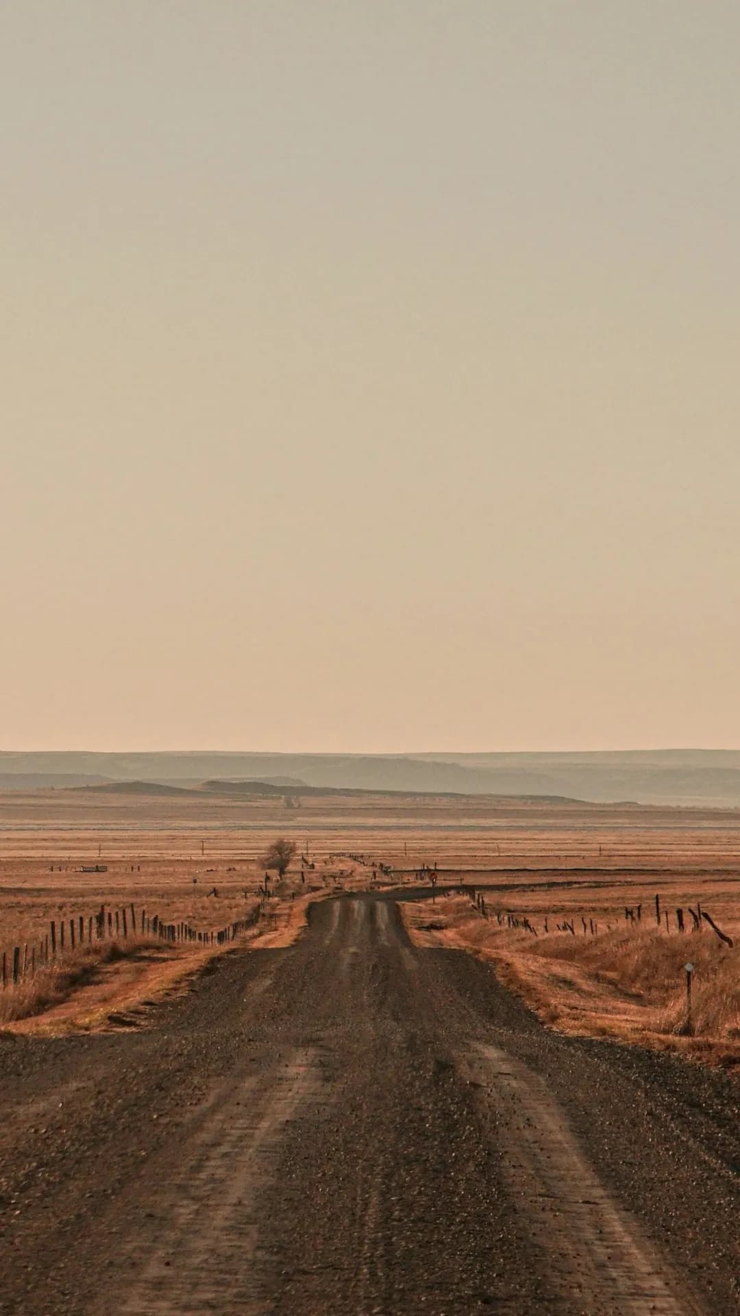 A gravel road winds through dry plains lined with fences on both sides, disappearing toward the distant hills as the sun sets.