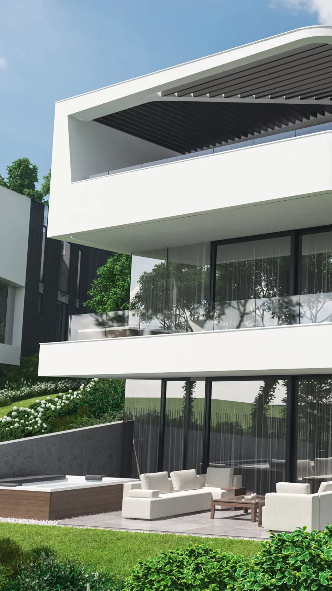 Sleek white modern house with glass walls, curved balconies and layered black slatted overhangs, set on a green lawn with outdoor seating. AI-generated image
