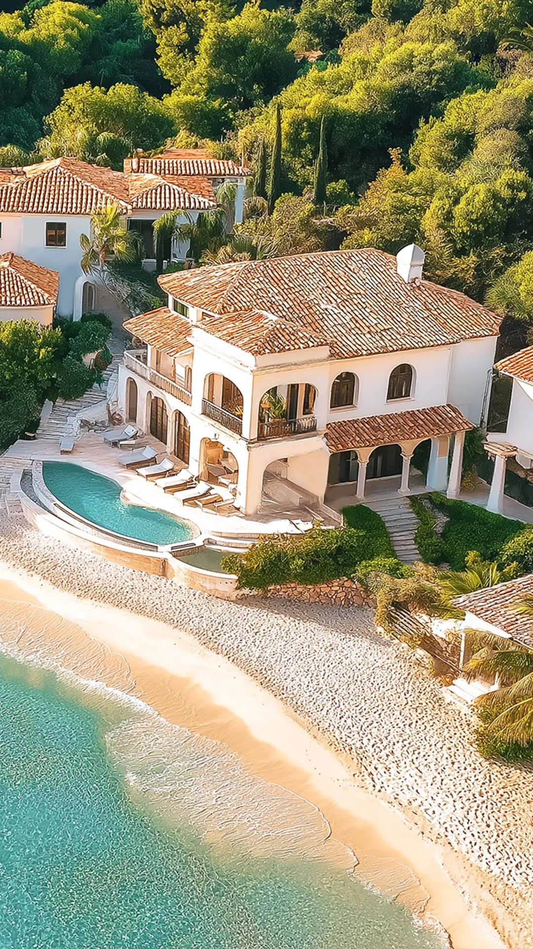 Luftaufnahme von weißen Villen im mediterranen Stil mit Terrakottadächern vor dem Hintergrund eines türkisfarbenen Meeres, einer felsigen Küste, Palmen, Booten und einem Sandstrand. AI-generated image