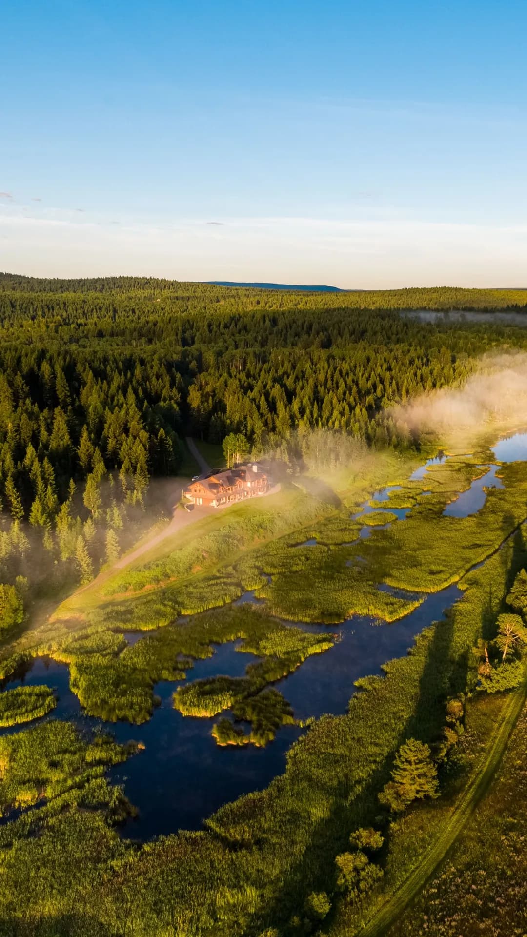 Aerial view of a dense forest with a red cabin near misty wetlands, winding blue water, and a dirt road through green marshes.