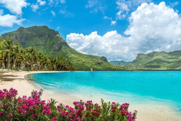 Atemberaubende Küstenlandschaft von Mauritius mit einem unberührten Strand und kristallklarem, türkisfarbenem Wasser. Die Szene wird von leuchtend rosa Bougainvillea-Blüten im Vordergrund, üppigen Palmen entlang der Küste und dramatischen grünen Bergen im Hintergrund eingerahmt. Flauschige weiße Wolken schmücken den hellblauen Himmel über den grünen Gipfeln und zeigen die natürliche Schönheit, die diese Insel zu einem idyllischen Ort zum Leben macht.