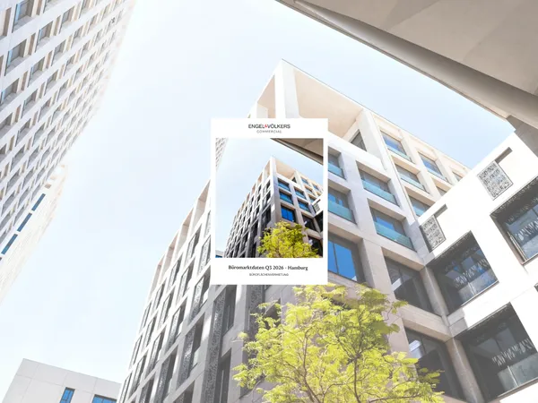 Low-angle view of modern concrete-and-glass office towers surrounding a courtyard; a white brochure-like frame with a tree image sits at center.