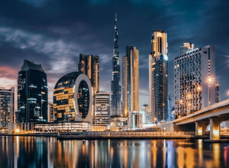 Dubai skyline at night with illuminated skyscrapers, including a distinctive circular building, reflected in calm water under a cloudy sky.