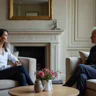 Two people sitting opposite each other on beige sofas in an elegant living room featuring a fireplace and a round table with a vase of pink flowers.