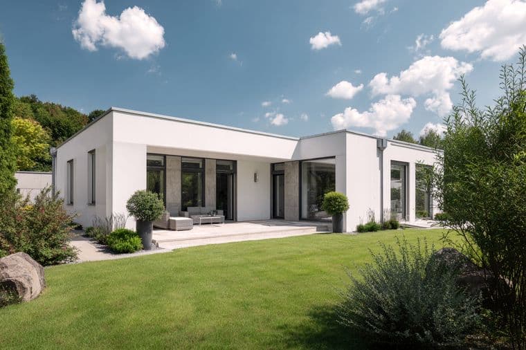 Modern white house with large windows, surrounded by a lush green lawn and shrubs, under a partly cloudy blue sky.