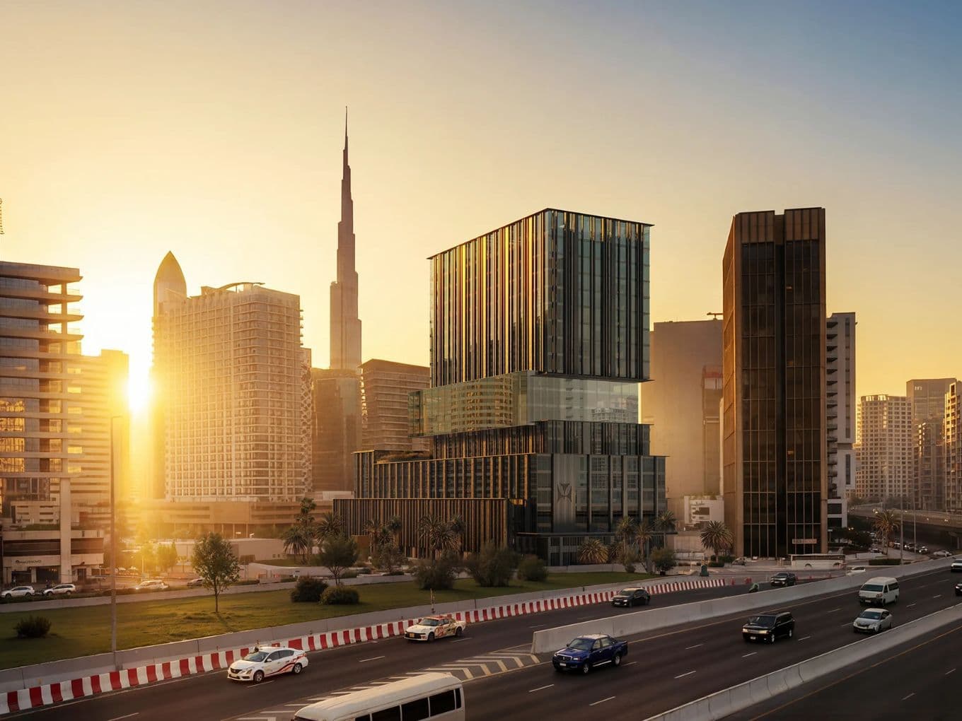 Cityscape at sunset with modern skyscrapers, including a tall tower, and a busy highway with cars in the foreground.