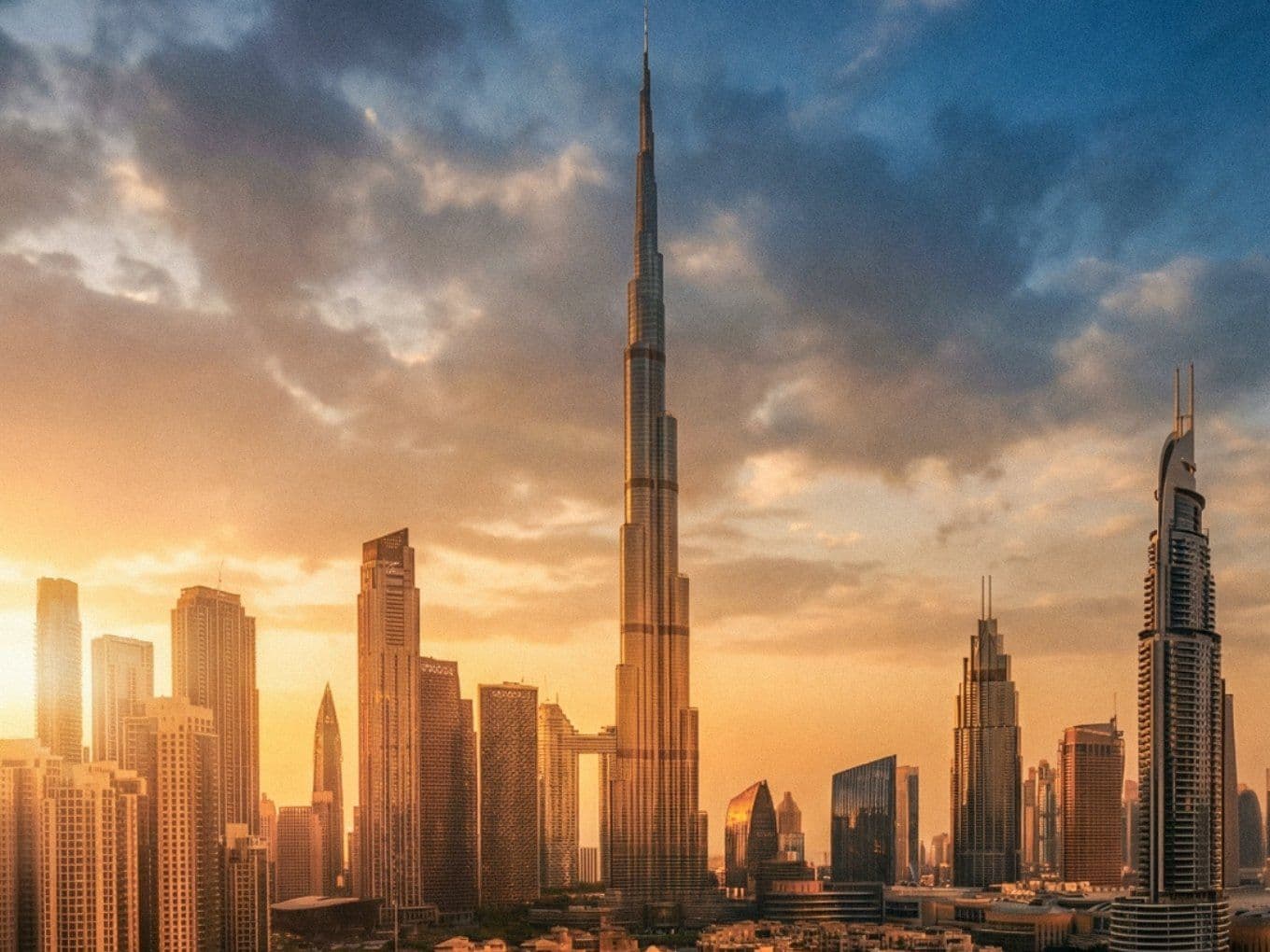 Skyline of Dubai at sunset with Burj Khalifa in the center, surrounded by modern skyscrapers under a partly cloudy sky.