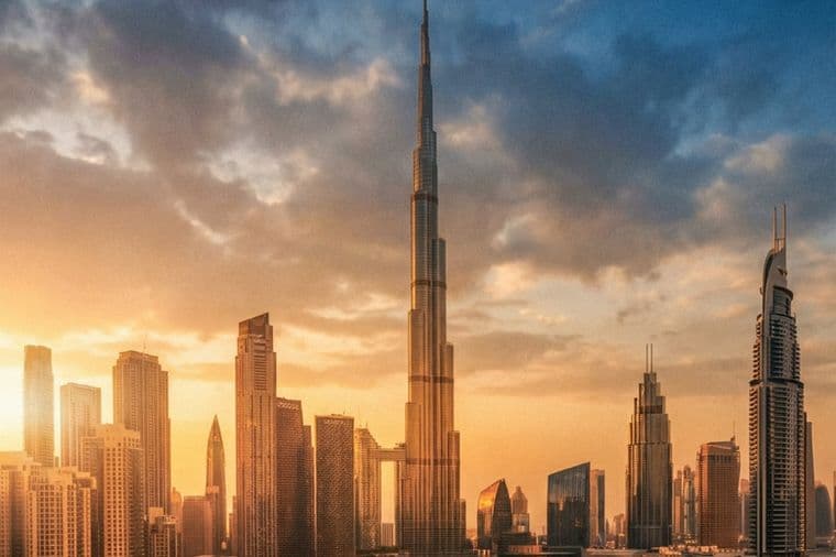 Skyline of Dubai at sunset with Burj Khalifa in the center, surrounded by modern skyscrapers under a partly cloudy sky.