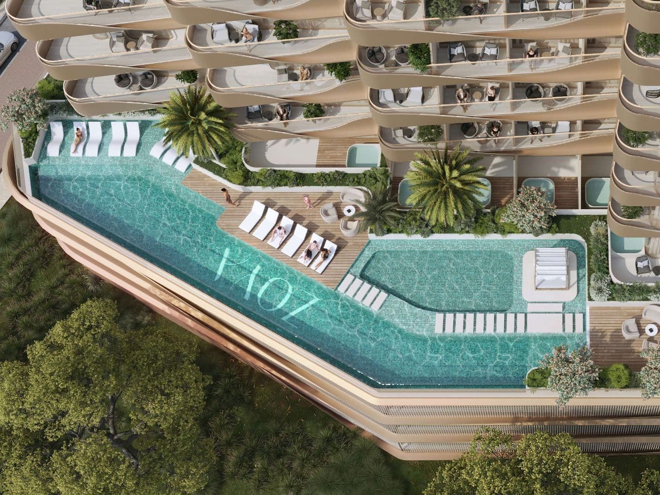 Aerial view of a luxurious building with a rooftop pool, sun loungers, and lush greenery, surrounded by curved balconies with outdoor seating.
