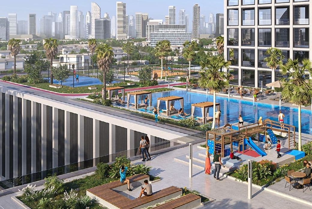 Rooftop pool area with palm trees, cabanas, lounge seating, and a children's playground, overlooking a distant city skyline. KI-generiertes Bild