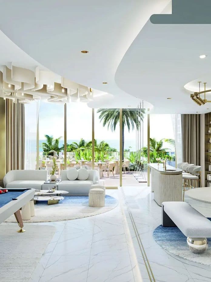 Luxurious modern living room with a pool table, stylish furniture, marble floors, large windows, and a view of palm trees and a terrace.