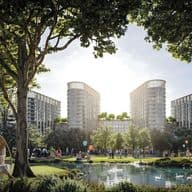 A serene urban park with a woman in a hanging chair under trees, people enjoying a pond with swans, and modern buildings in the background.
