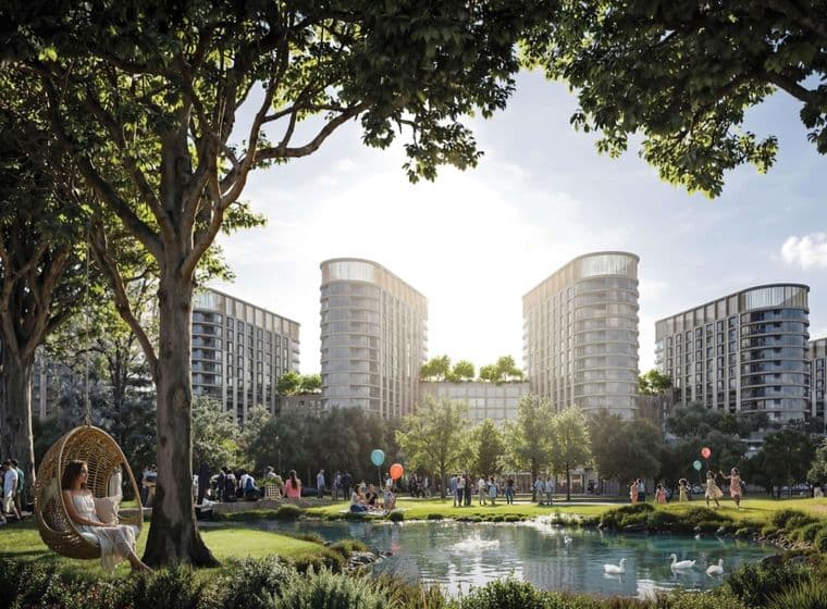 A serene urban park with a woman in a hanging chair under trees, people enjoying a pond with swans, and modern buildings in the background.