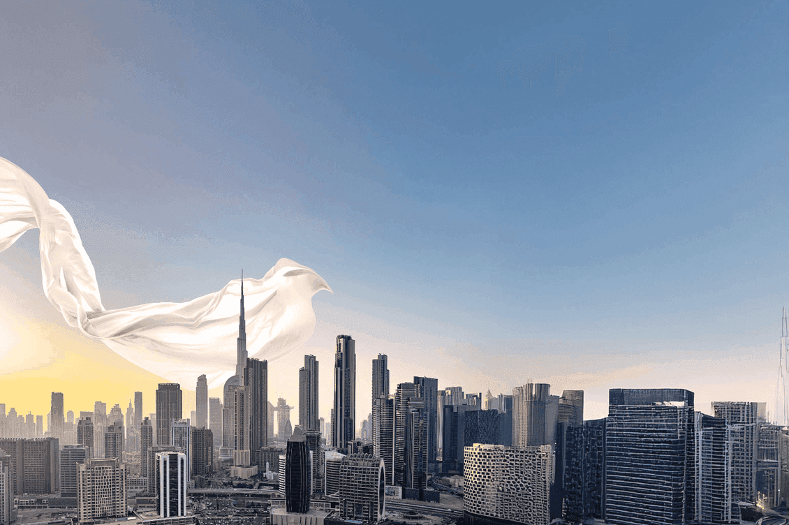 Skyline of a modern city at sunset, with skyscrapers beneath a dramatic, flowing white fabric against a clear sky.