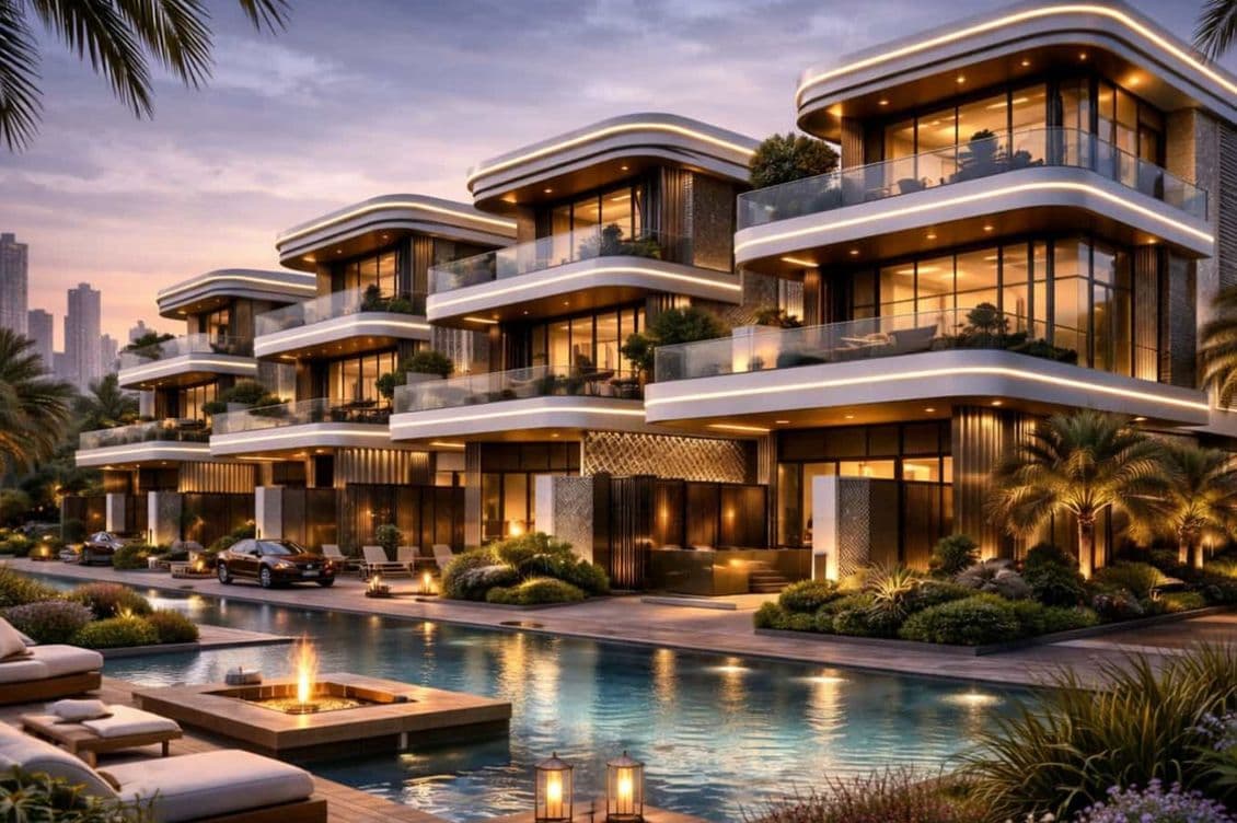 Modern luxury villas with curved balconies and large windows by a beautifully lit pool, surrounded by palm trees at dusk.