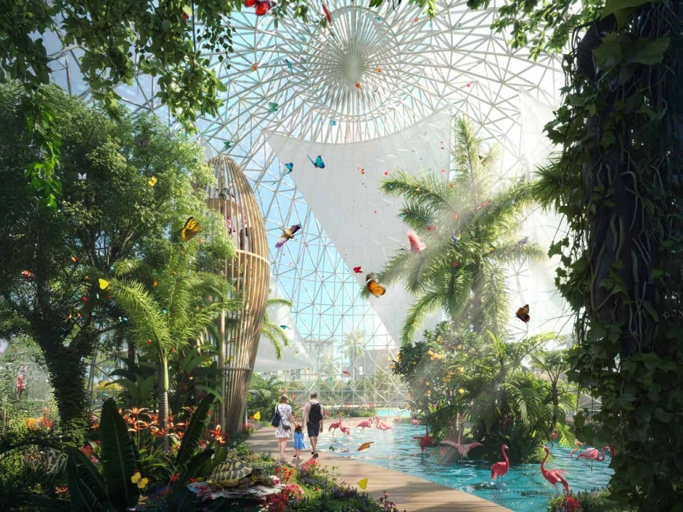 A lush tropical indoor garden with a glass dome, flamingos in a pond, vibrant butterflies, and people walking on a path.