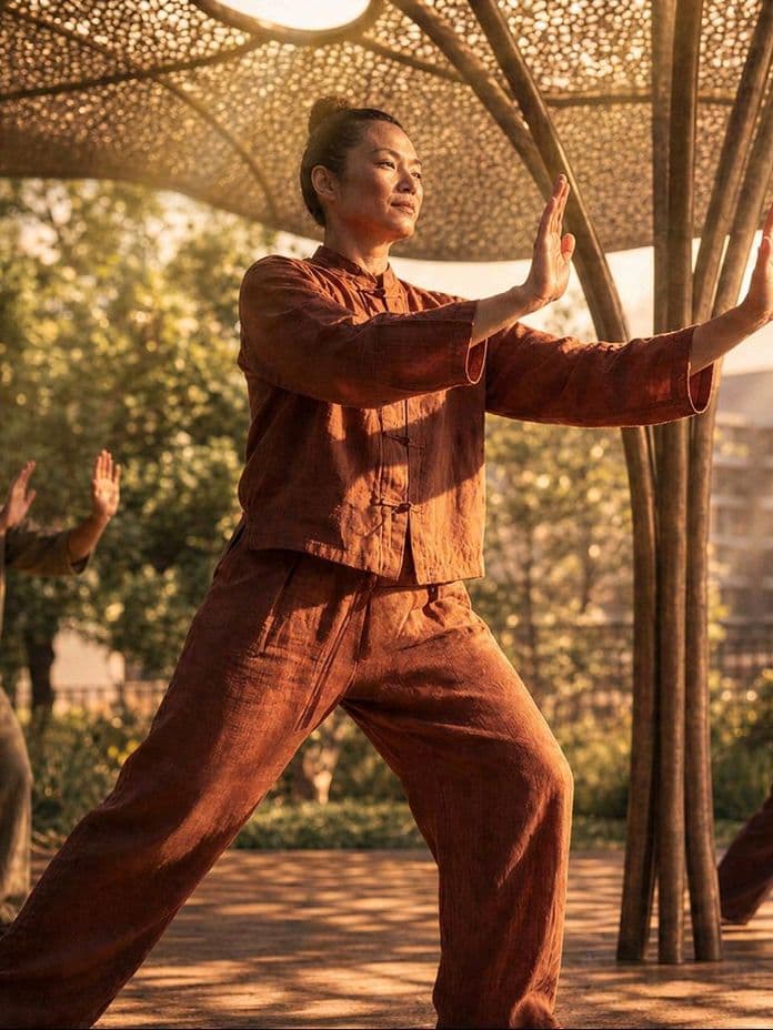 Three people practicing tai chi in a sunlit park under a lattice canopy; central woman in rust clothes extends palms forward, others in stance. KI-generiertes Bild