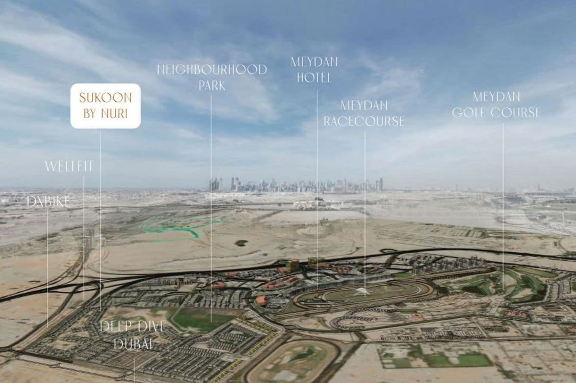Aerial view of a labeled Dubai landscape, highlighting Sukoon by Nuri, Meydan Racecourse, Hotel, Golf Course, and other landmarks.