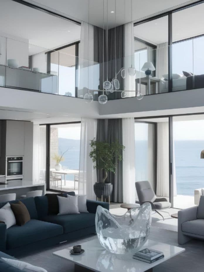 Spacious modern living room with ocean view, large windows, two levels, sleek furniture, glass accents, and a contemporary chandelier.