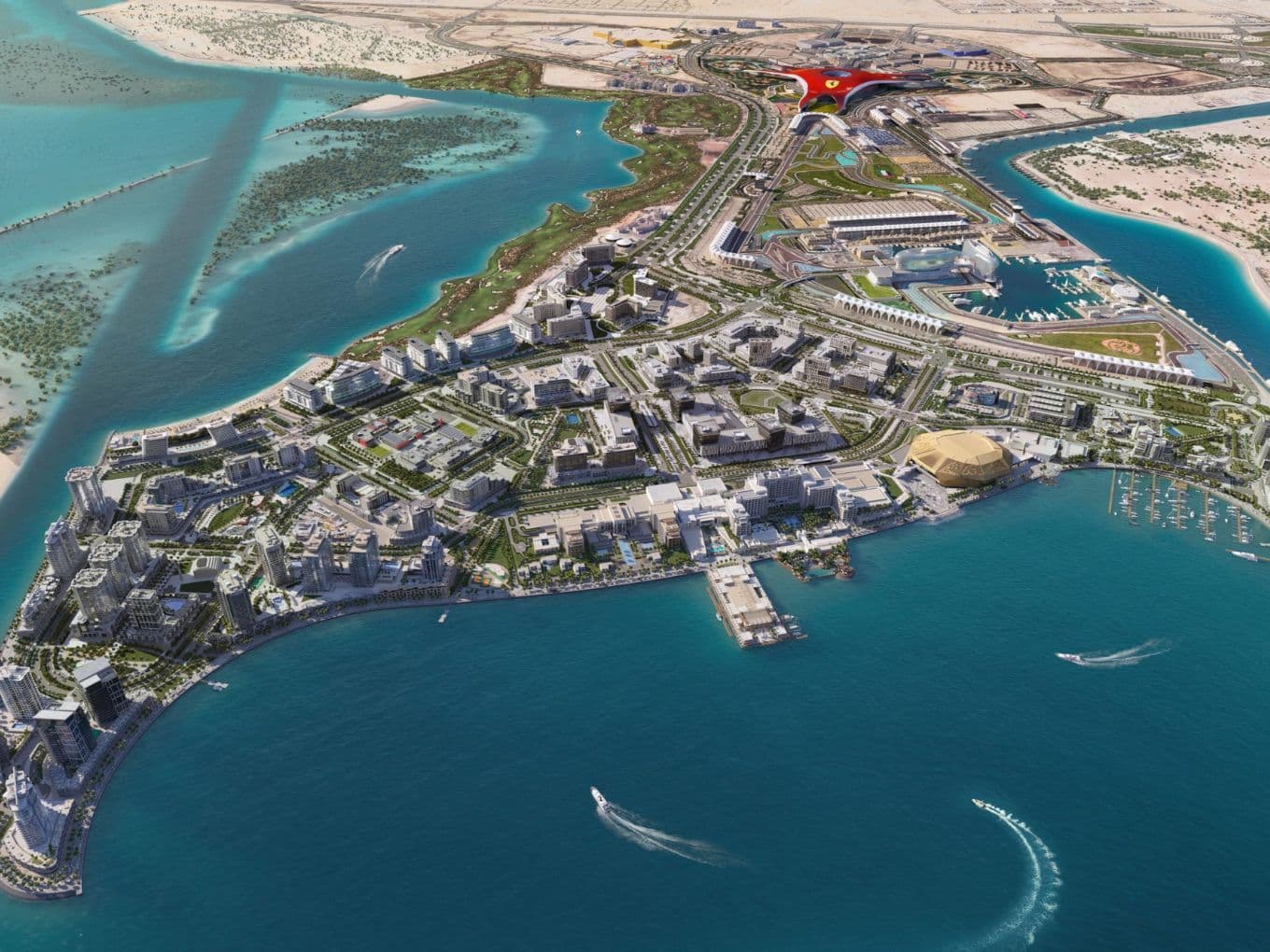 Aerial view of a coastal city with lush greenery, buildings, winding roads, and marinas. Blue waters surround the peninsula and the city's skyline.