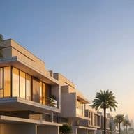 Modern villas with large windows at sunset, surrounded by palm trees, with a distant city skyline featuring a tall tower.