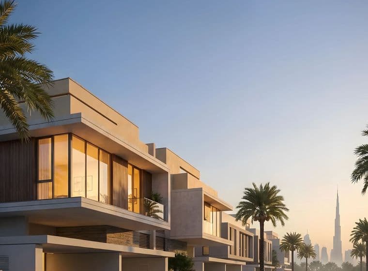 Modern villas with large windows at sunset, surrounded by palm trees, with a distant city skyline featuring a tall tower.