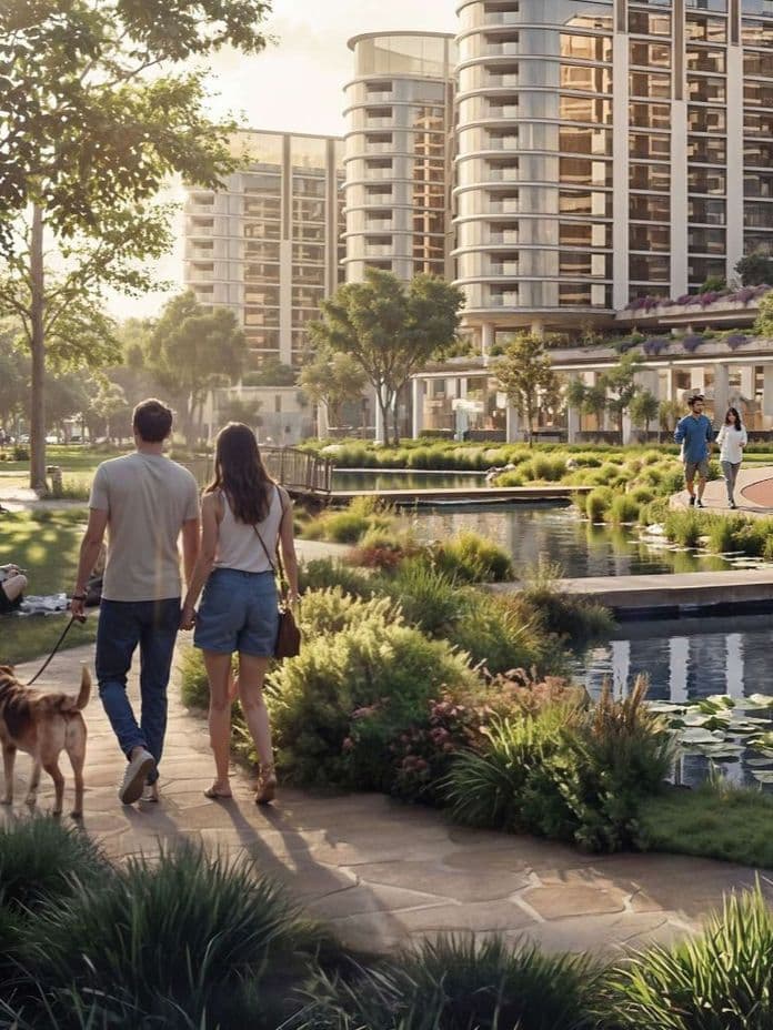 People walking and relaxing in a park with a pond and modern buildings in the background, under a clear sky.