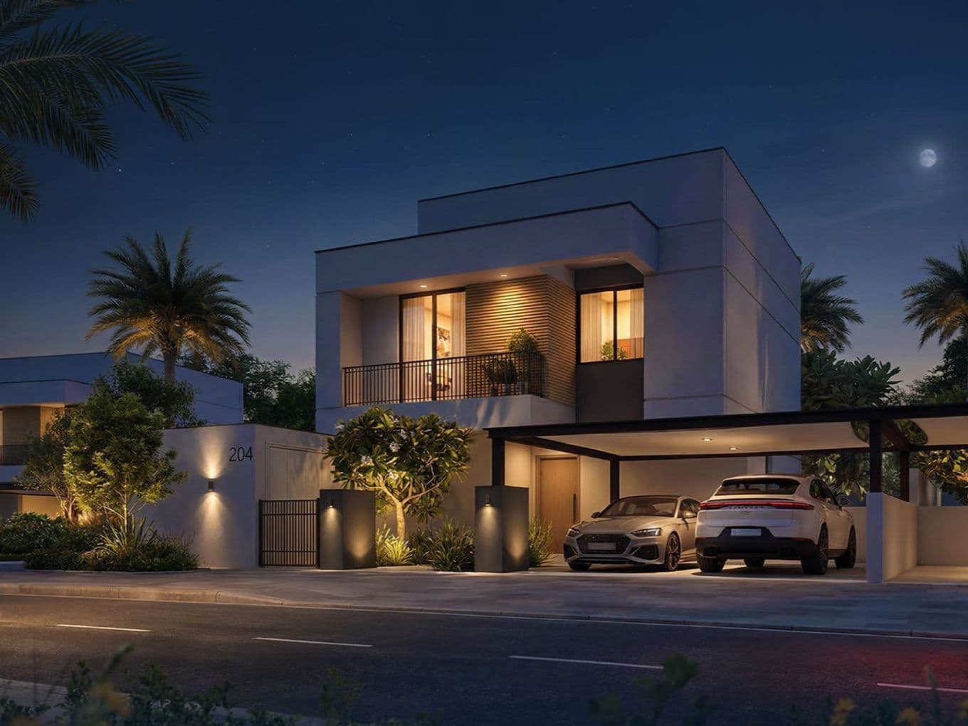 Modern house at night with palm trees, illuminated windows, and two cars parked in a driveway. A crescent moon is visible in the sky.