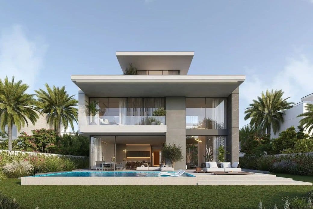 Modern two-story house with large glass windows, a swimming pool, patio, and surrounding palm trees on a sunny day.