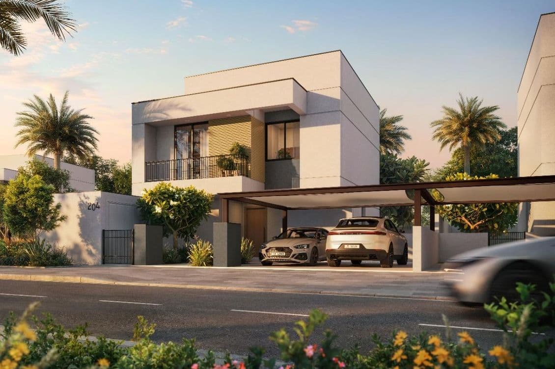 Modern two-story house with palm trees, two cars in the driveway, and a well-maintained garden under a clear sky.