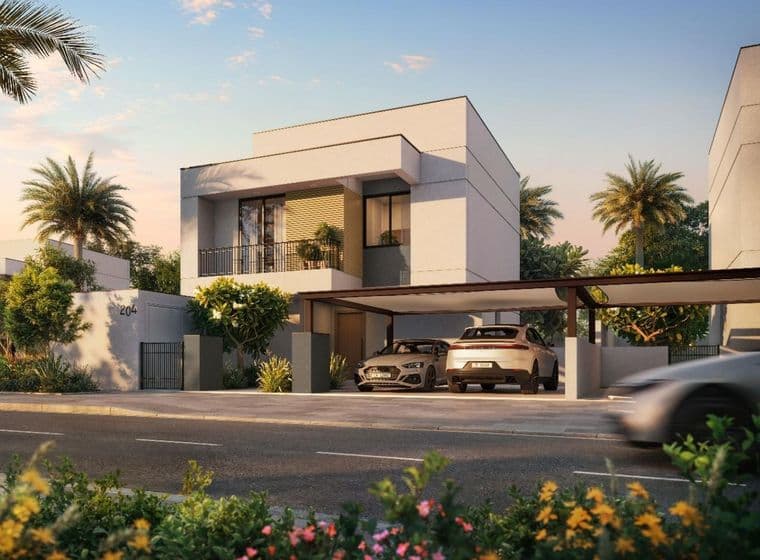 Modern two-story house with palm trees, two cars in the driveway, and a well-maintained garden under a clear sky.