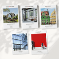 Fünf Immobilienmarktberichte von Engel & Völkers mit verschiedenen architektonischen Titelbildern, angeordnet auf einem hellen Hintergrund