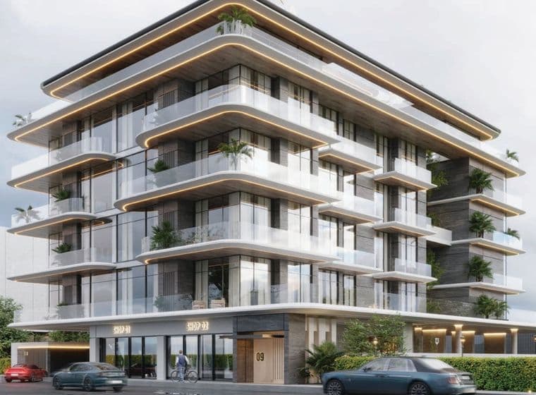 Modern multi-story building with glass balconies, lush plants, and sleek design. Ground level has shop entrances and parked cars in front.
