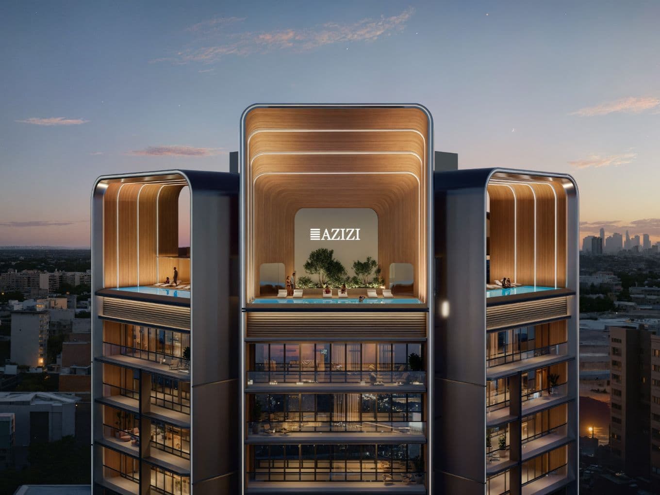 Futuristic building with illuminated rooftop pools and curved design, set against a city skyline at dusk.