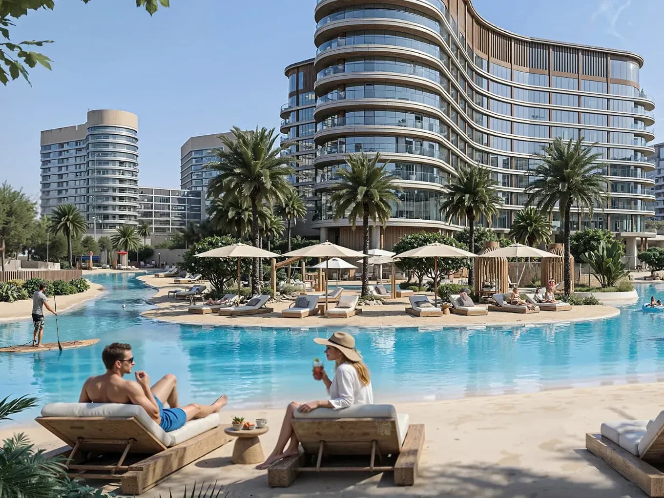 Modern beachfront complex with curved glass buildings, palm trees, and a large pool. People relax on lounge chairs and swim under clear skies.