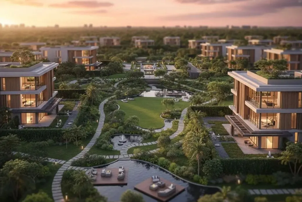 Aerial view of a luxurious residential community with modern villas, lush gardens, winding paths, and pools, under a sunset sky.