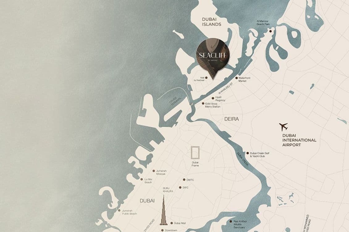 Stylized map highlighting Seacliff near Dubai Islands, showing Dubai International Airport and landmarks in Deira and Dubai.