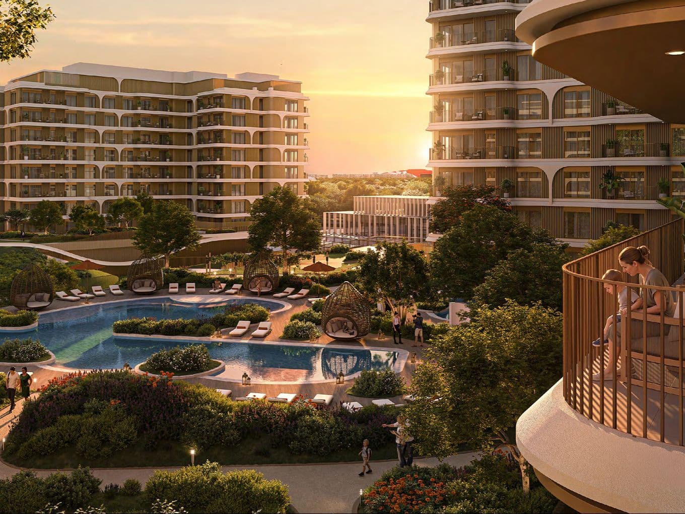 Sunset at a modern resort: curved white buildings, winding pool, loungers, lush landscaping, and guests on balconies. KI-generiertes Bild