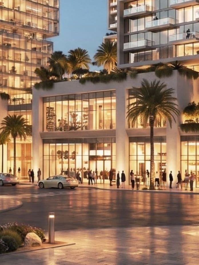 Modern cityscape at dusk featuring illuminated high-rise buildings, palm trees, and people on a bustling street with cars.