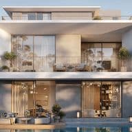 Modern multi-story house with large glass windows, balconies, outdoor seating, and a pool. Surrounded by greenery under a clear sky.